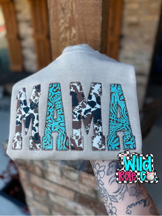 Cowhide + Turquoise Faux Leather Crewneck