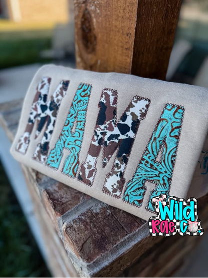 Cowhide + Turquoise Faux Leather Crewneck