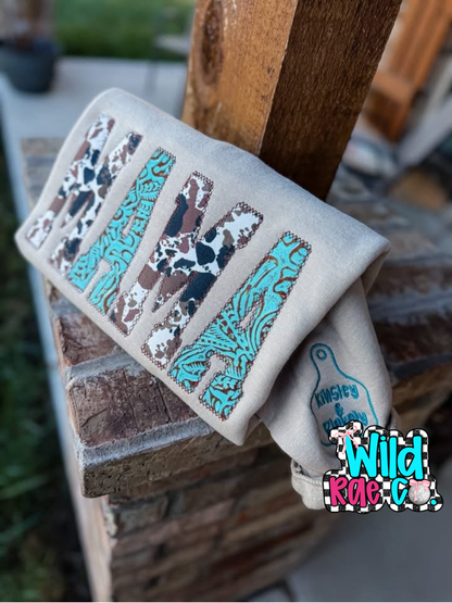 Cowhide + Turquoise Faux Leather Crewneck
